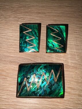Vintage Abalone Shell Copper Zigzag Brooch and Earrings Set - Green